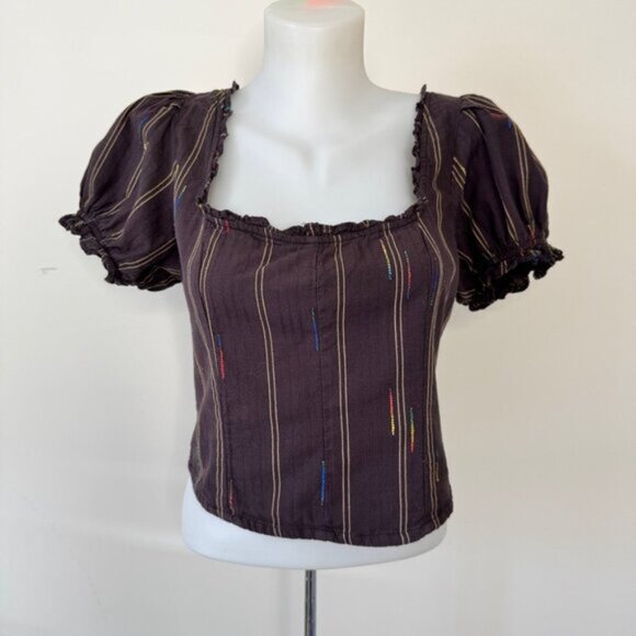 🍄 50% OFF - Free People Corset Top Brown Espresso Bean Striped Shirt Blouse - Picture 6 of 15